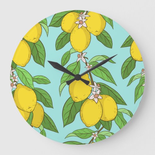 Lemons Vibrant Blue Background Seamless Large Clock