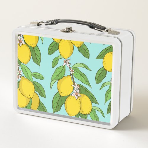Lemons Vibrant Blue Background Seamless Metal Lunch Box