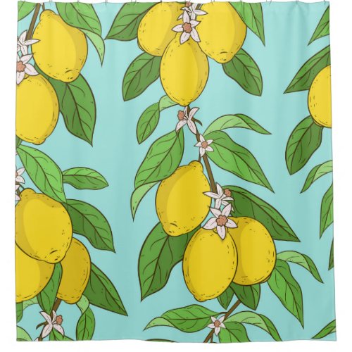 Lemons Vibrant Blue Background Seamless Shower Curtain