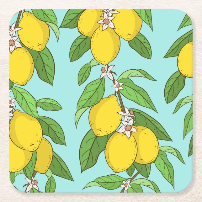 Lemons, Vibrant Blue Background Seamless. Square Paper Coaster (Front)