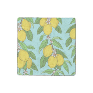 Lemons, Vibrant Blue Background Seamless. Stone Magnet