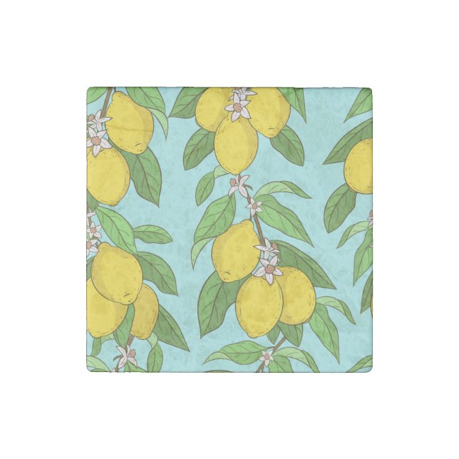 Lemons, Vibrant Blue Background Seamless. Stone Magnet (Front)