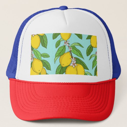 Lemons Vibrant Blue Background Seamless Trucker Hat