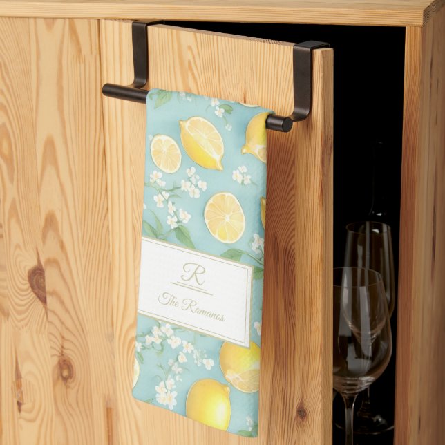 Lemons Watercolor Mint Custom Monogram Lemon Kitchen Towel (Thirds Fold)