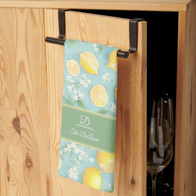 Lemons Watercolor Mint Customized Name Lemon Kitchen Towel (Thirds Fold)