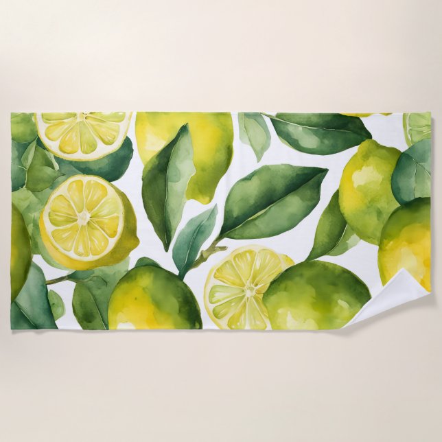 Lemons Watercolor Pattern Design Beach Towel (Front)