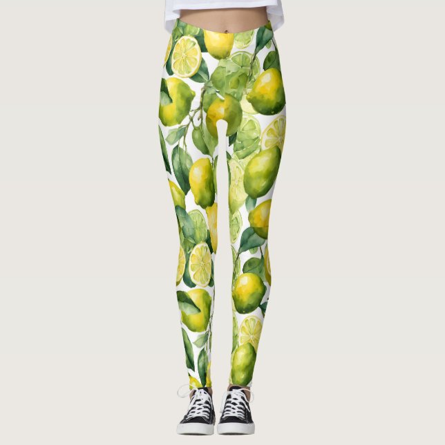 Lemons Watercolor Pattern Design Leggings (Front)