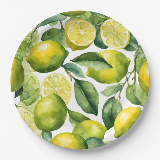 Lemons Watercolor Pattern Design Paper Plates (Front)