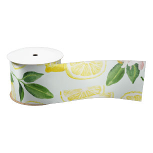 Lemons Watercolor Summer Fruit Pattern on Mint Satin Ribbon