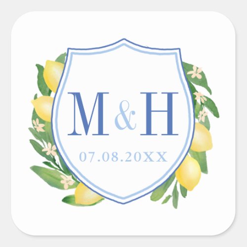 Lemons Wedding Monogram Logo Square Sticker - This classic design features a simple and elegant couples crest monogram surrounded by watercolor lemons, leaves and blossoms. 