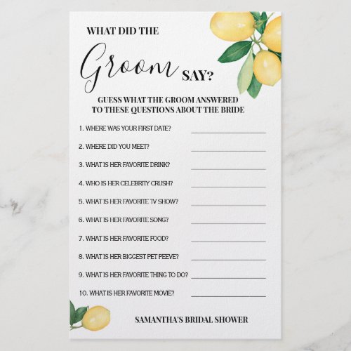 Lemons What did Groom Say Bridal Shower Game Card Flyer