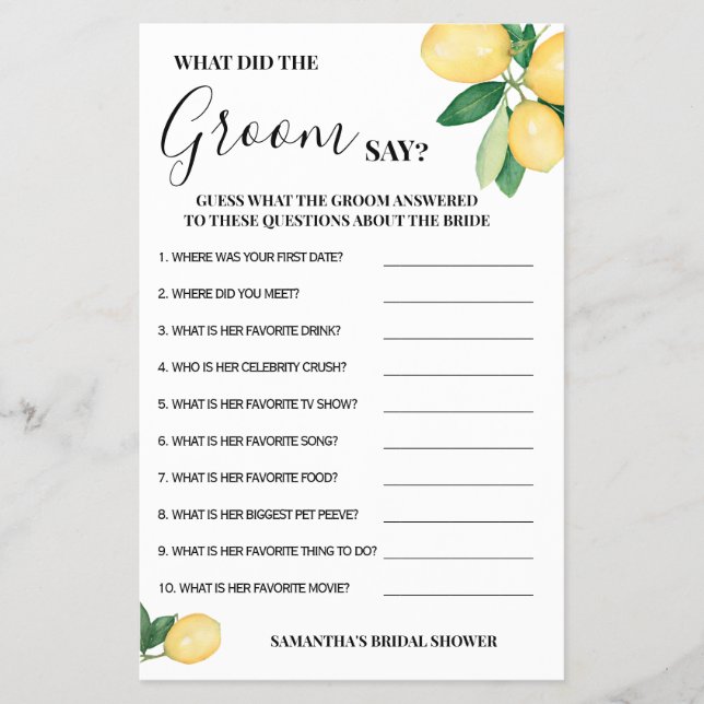 Lemons What did Groom Say Bridal Shower Game Card Flyer (Front)