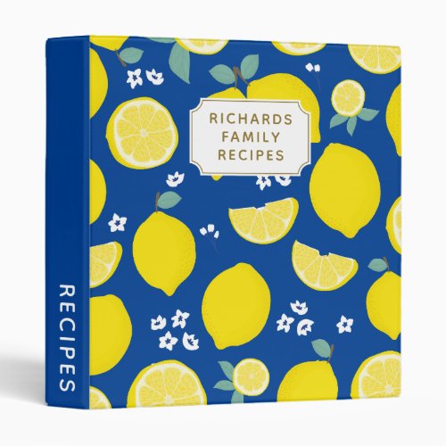 Lemons White Florals Blue Cookbook Family Recipe 3 Ring Binder