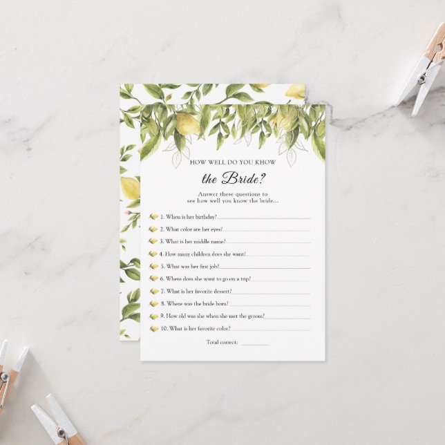 Lemons Who Knows the Bride Best Game Invitation (Front/Back In Situ)
