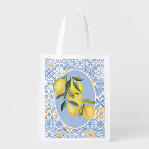 Lemons with blue tiles Italian inspired  Grocery Bag