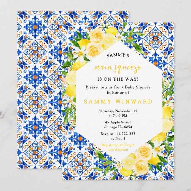 Lemons with Foliage Mediterranean Baby Shower Invitation (Front/Back)
