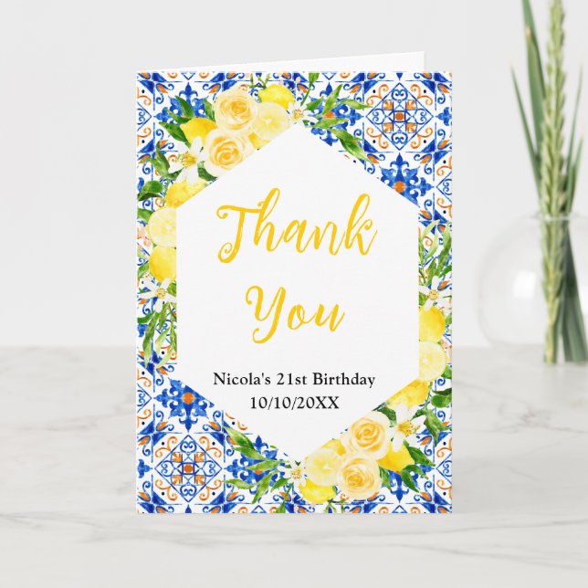 Lemons with Foliage Mediterranean Birthday Thank You Card (Front)