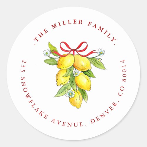 Lemons with red bow Holiday return address Classic Round Sticker
