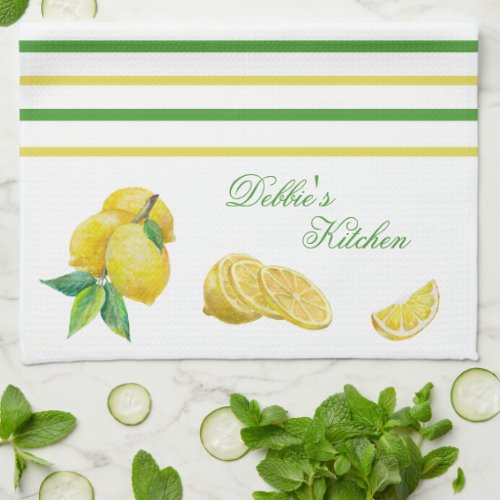 Lemons with Yellow and Green Stripes Personalized Kitchen Towel