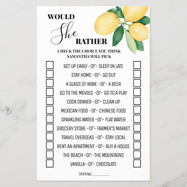 Lemons Would She Rather Bridal Shower Game Card Flyer (Front)