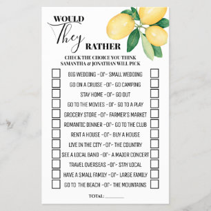 Lemons Would They Rather Bridal Shower Game Card Flyer