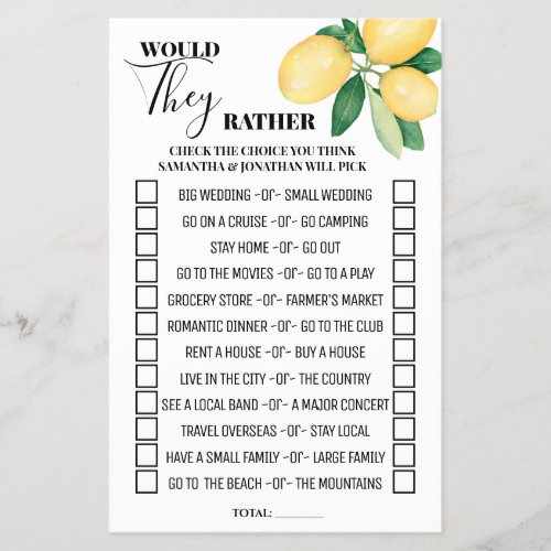 Lemons Would They Rather Bridal Shower Game Card Flyer