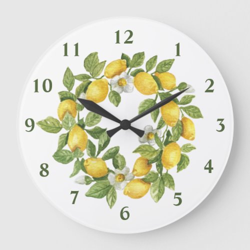 Lemons Wreath Green Yellow Round Wall Clock