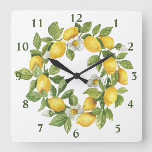 Lemons Wreath Green Yellow Square Wall Clock