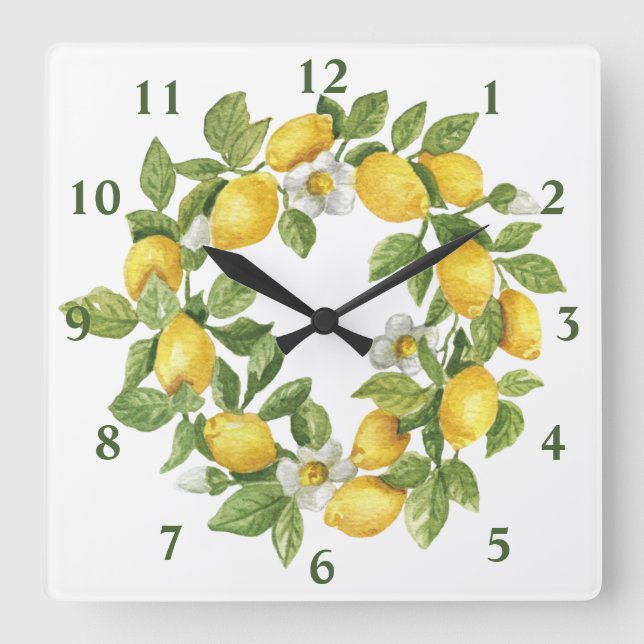 Lemons Wreath Green Yellow Square Wall Clock (Front)