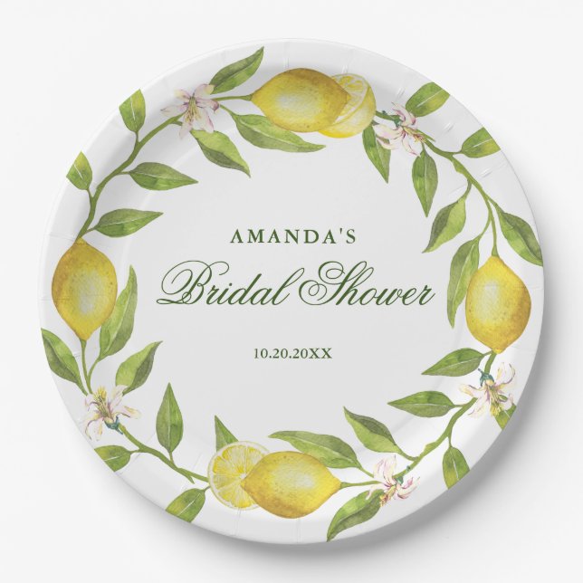 Lemons Wreath & Greenery Bridal Shower Party Paper Plates (Front)