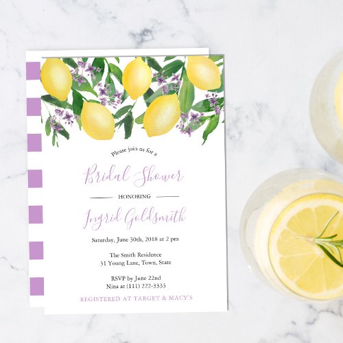 Lemons Yellow and Purple Citrus Bridal Shower Invitation