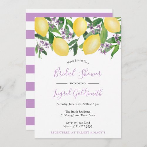 Lemons Yellow and Purple Citrus Bridal Shower Invitation - Stylish watercolor lemons-themed bridal shower invitations.