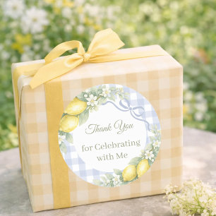Lemons yellow blue gingham boy Thank You party Classic Round Sticker