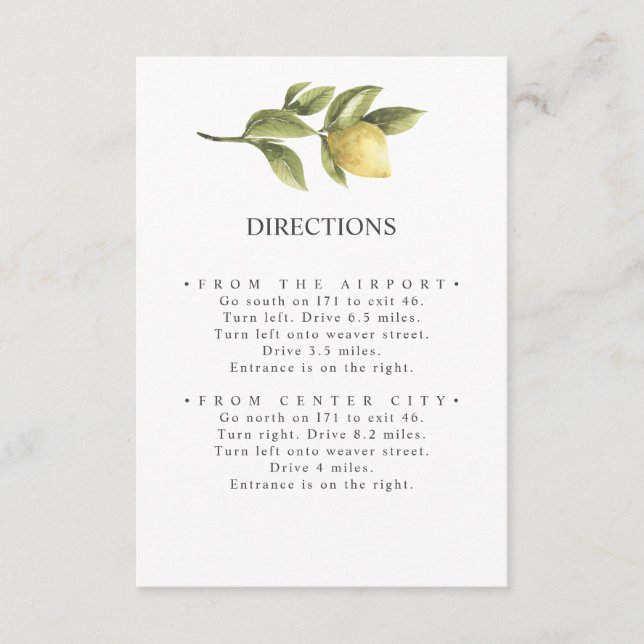 Lemons | Yellow | Chic  WEDDING Directions Enclosure Card (Front)
