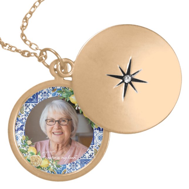 Lemons Yellow Floral Photo Memorial Keepsake Gold Plated Necklace (Front)