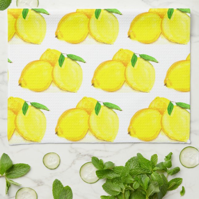 Lemons Yellow Fruit Pattern Watercolor Summer Kitchen Towel (Folded)
