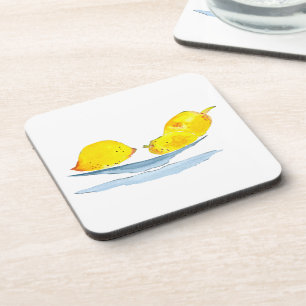 Lemons yellow fruit watercolor beverage coaster