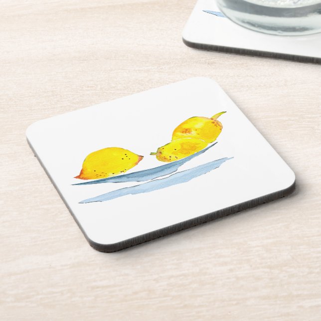 Lemons yellow fruit watercolor beverage coaster (Left Side)