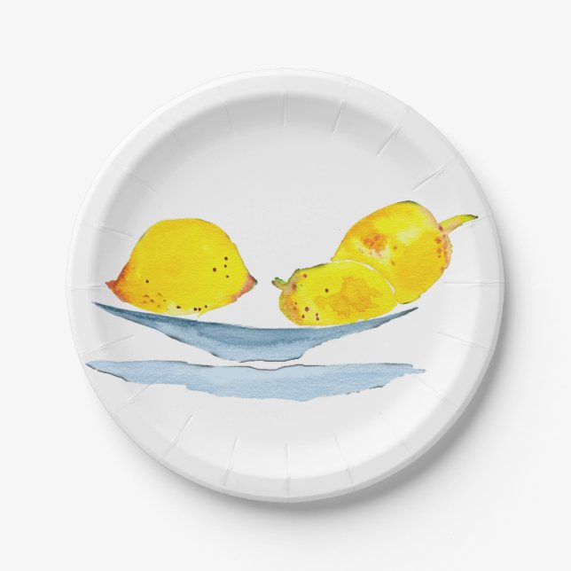 Lemons yellow fruit watercolor paper plates (Front)