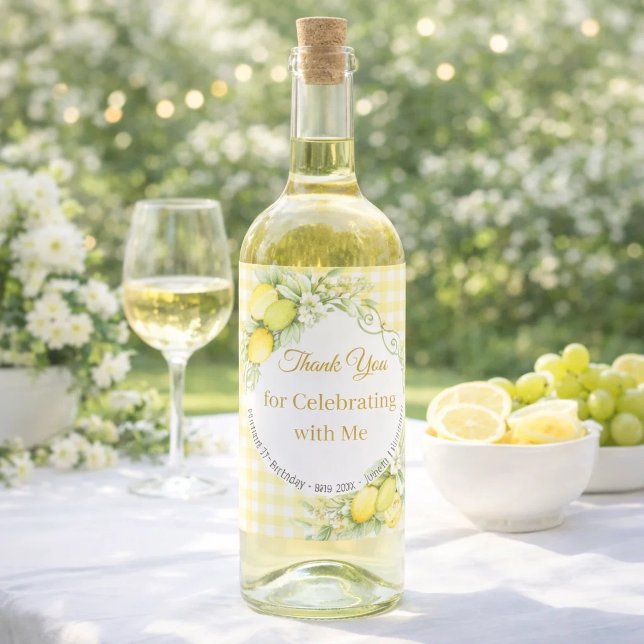 Lemons yellow gingham Thank You Birthday Wine Label (Creator Uploaded)