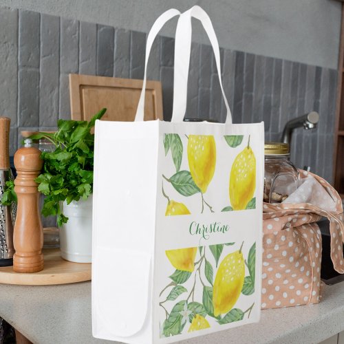 Lemons yellow green white name script grocery bag