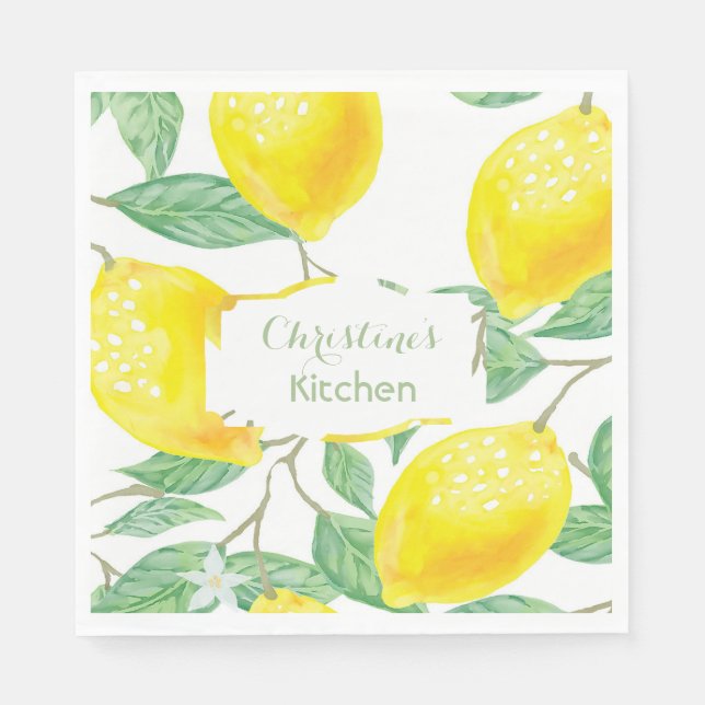 Lemons yellow monogram name script napkins (Front)
