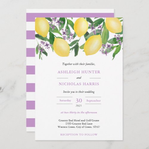 Lemons Yellow Purple Watercolor Citrus Wedding Inv Invitation