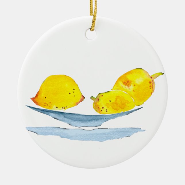 Lemons yellow watercolor art ceramic ornament (Front)