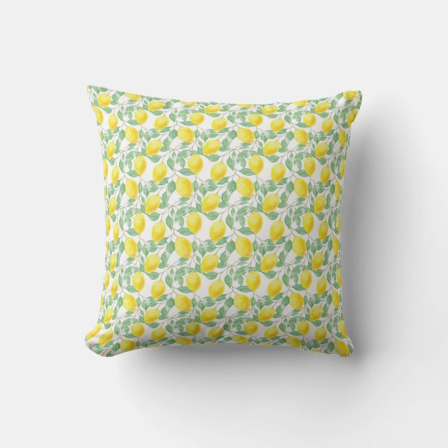 Lemons yellow white green summer pattern outdoor pillow (Front)