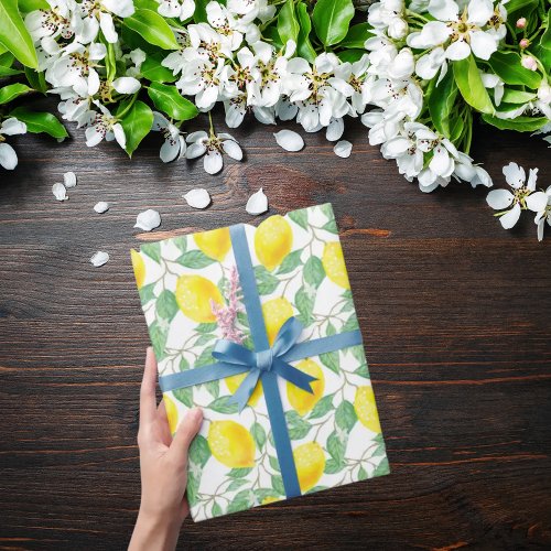 Lemons yellow white green summer pattern wrapping paper