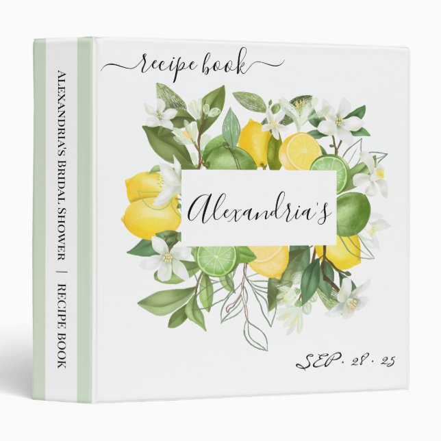Lemony Greenery Bridal Shower Recipe 3 Ring Binder (Front/Spine)