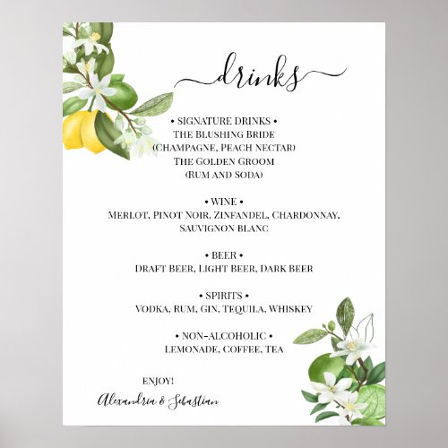 Lemony Greenery Wedding Drinks Menu Sign