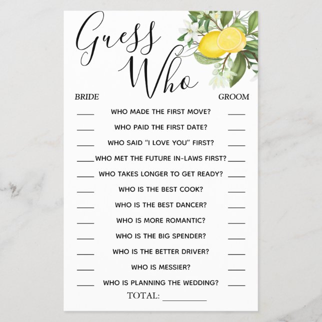 Lemony Guess Who Bridal shower game card Flyer (Front)