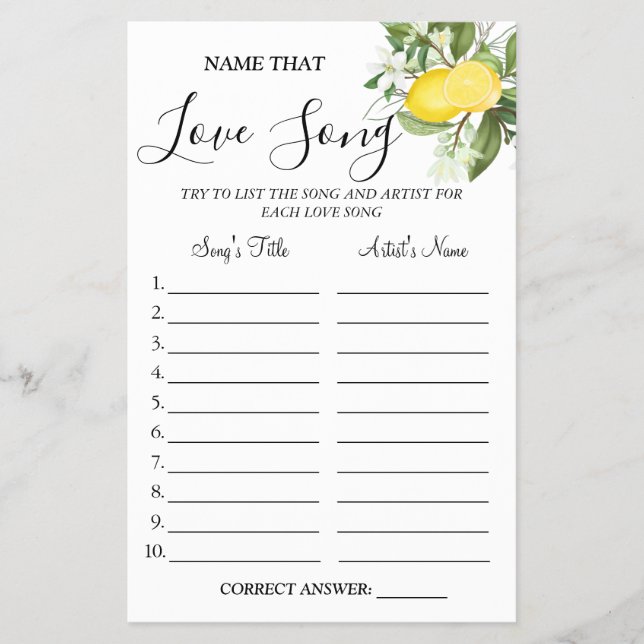 Lemony Name that love song shower game card Flyer (Front)